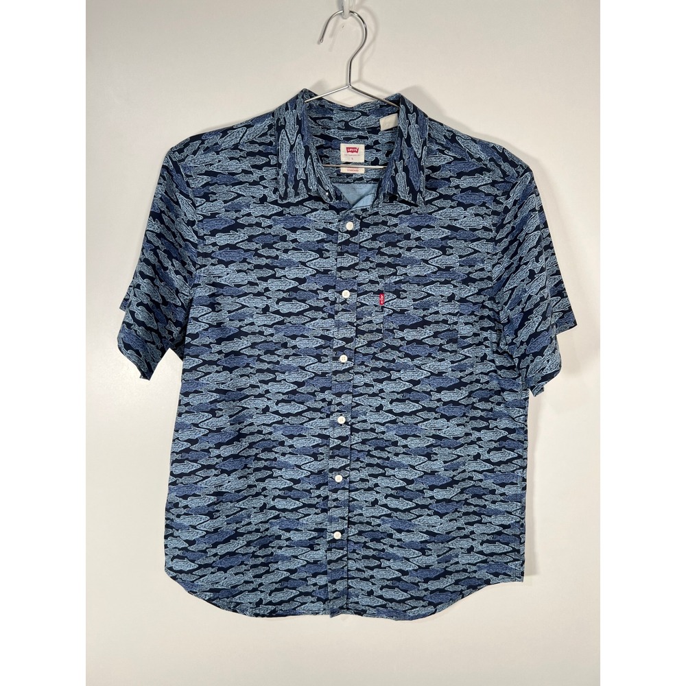 Levis Fish Print Short Sleeve Shirt Blue 100% Cotton Fishing Mens Large